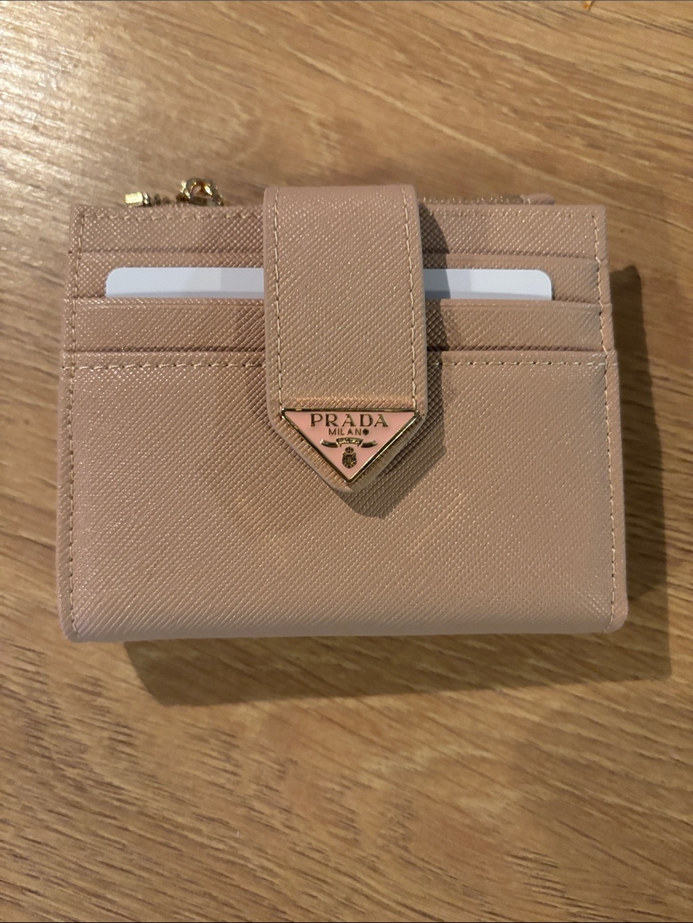 Prada Pink Beige Saffiano Leather Compact Wallet with Gold Logo